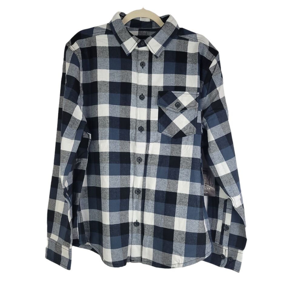 Work Wear Mens Shirt Plaid Cotton Flannel Long Sleeve Button Blue Ivory sz M NEW